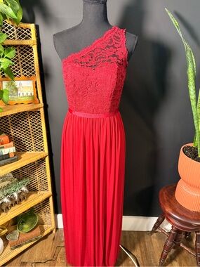 David's Bridal Red One-Shoulder Lace Bodice Maxi Gown